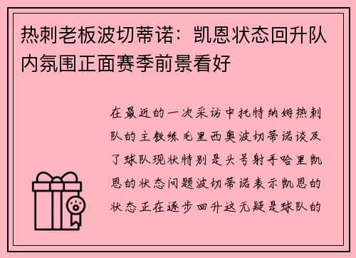 热刺老板波切蒂诺：凯恩状态回升队内氛围正面赛季前景看好